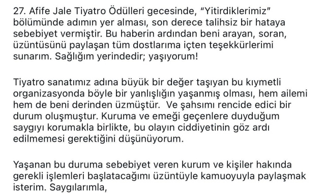 Afife Jale Tiyatro Ödülleri'nde akılalmaz hata: Oyuncu Alper Atak hayatını kaybedenler arasında anıldı