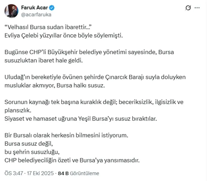 AK Partili Acar: Bursa susuzluktan ibaret hale geldi