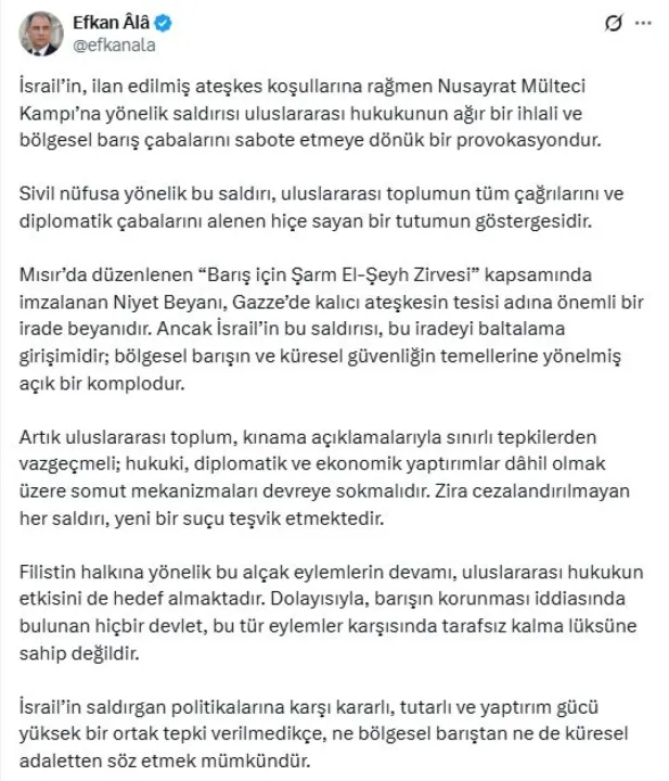AK Partili Ala: İsrail’in, Nusayrat Mülteci Kampı’na saldırısı barış çabalarını sabote etmeye dönük bir provokasyondur