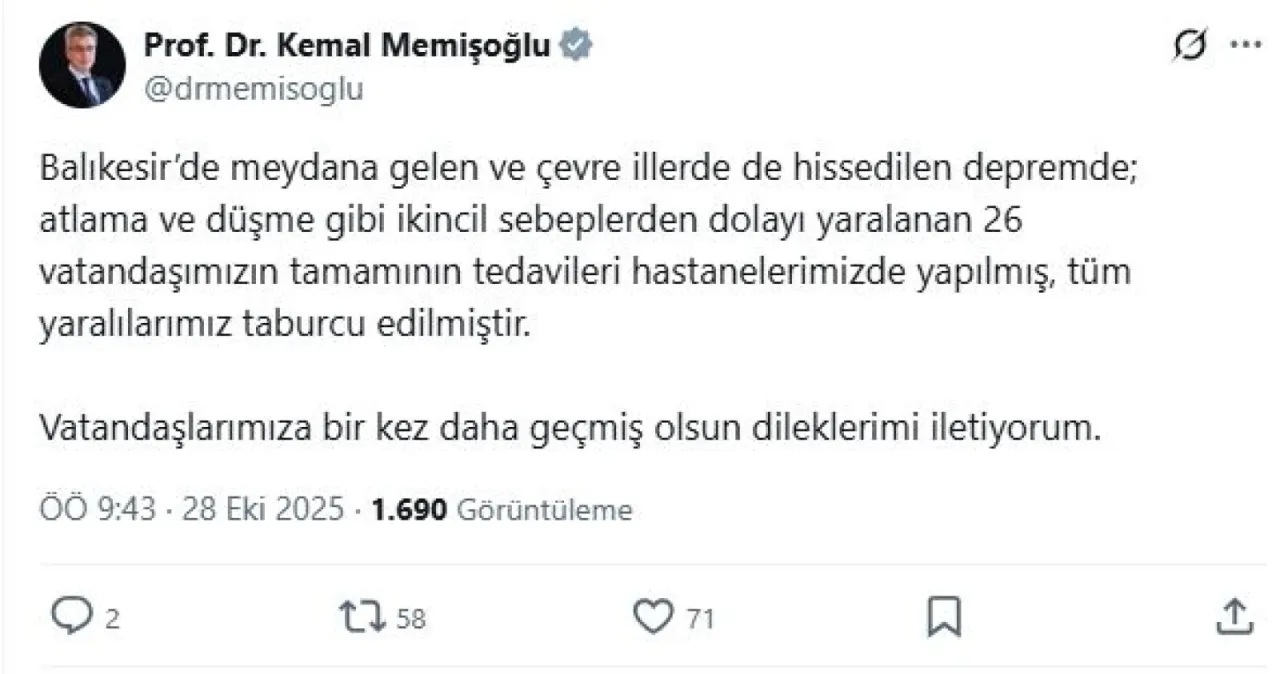 Bakan Memişoğlu: Balıkesir'deki depremde yaralanan 26 kişi taburcu edildi