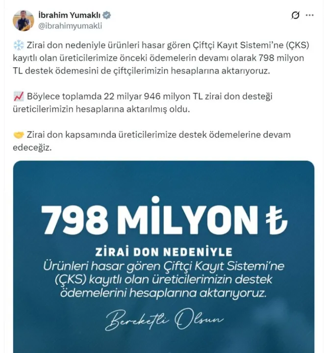 Bakanlıktan üreticilere 22 milyar 946 milyon lira zirai don desteği