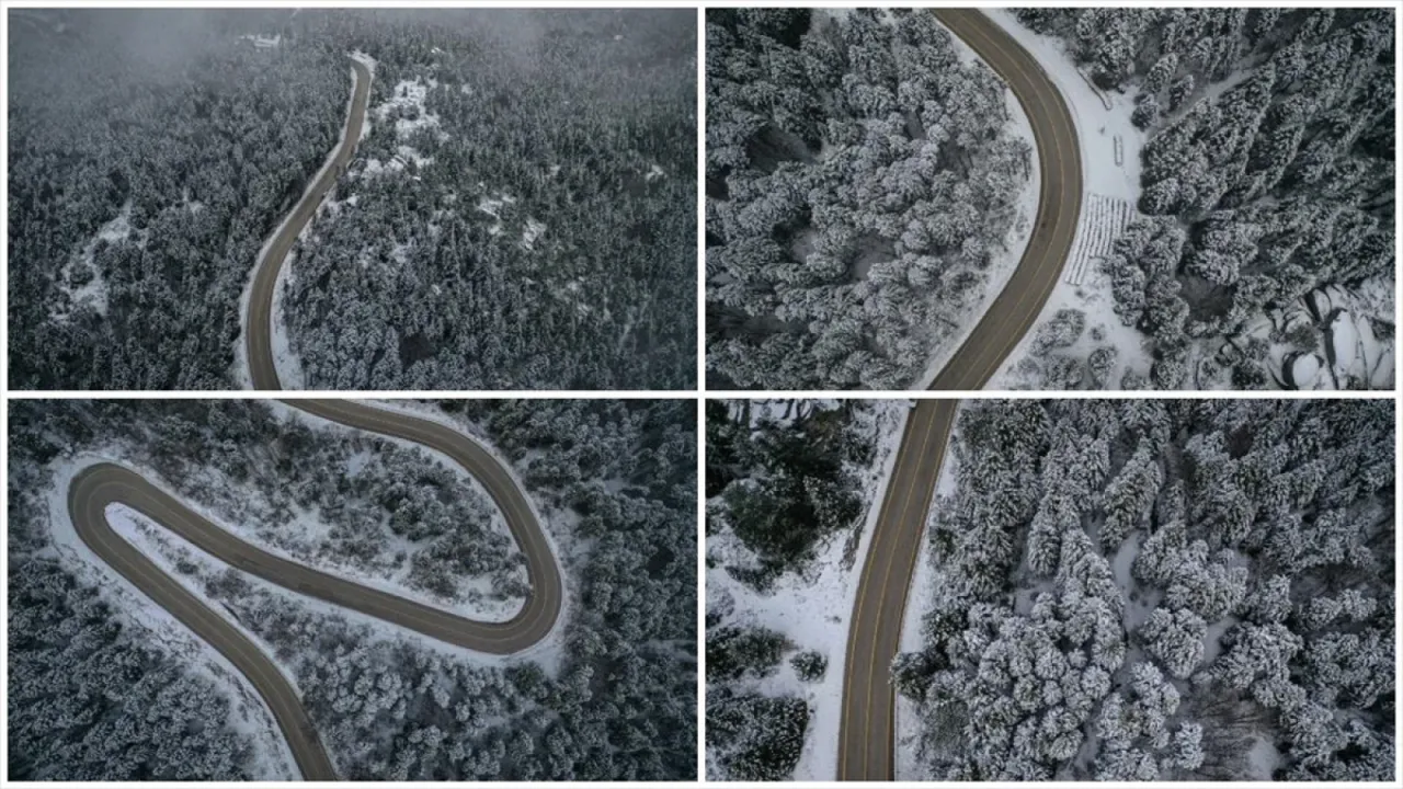 Uludağ'ın beyaza bürünen kıvrımlı yolları havadan görüntülendi